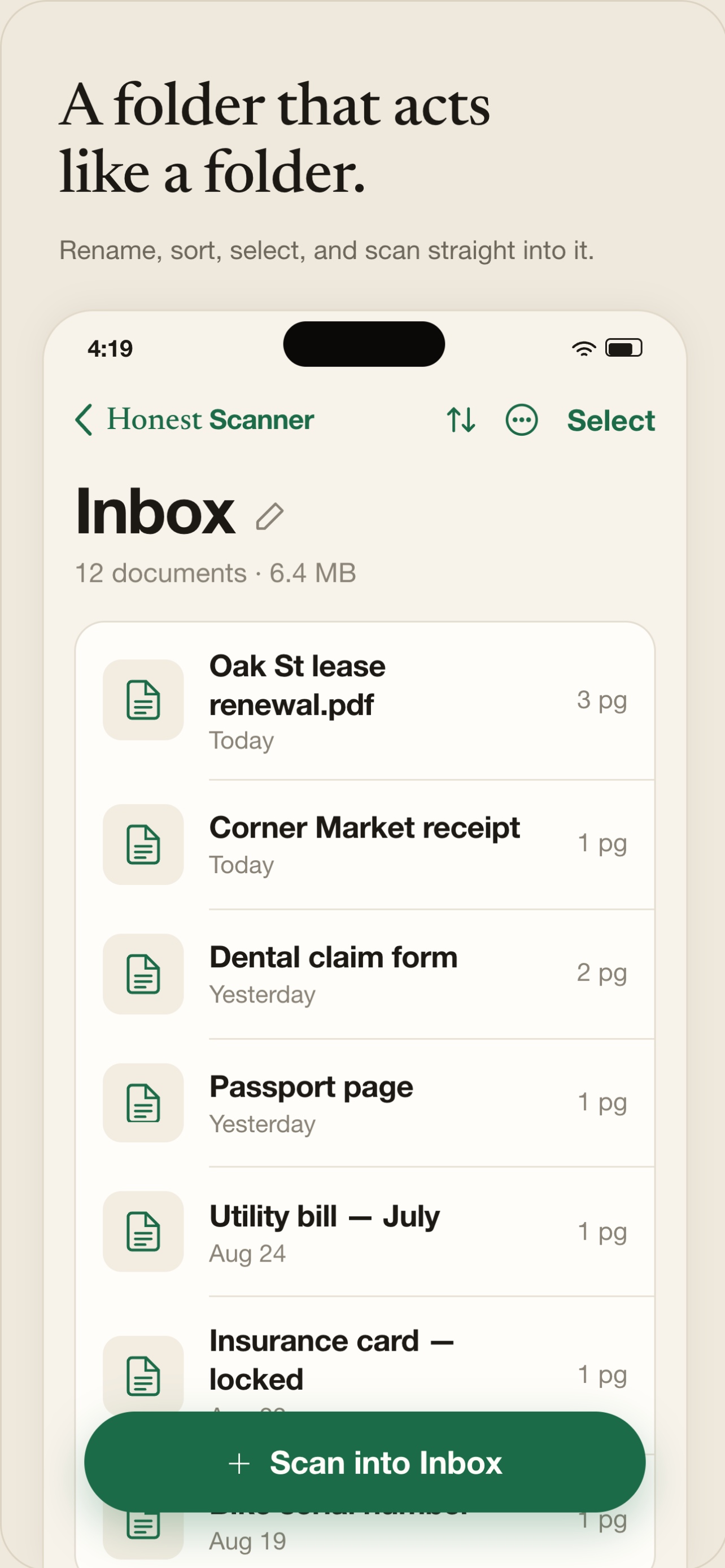 Honest Scanner inbox with scanned documents